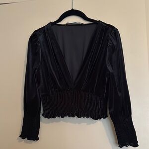 Zara Black Smocked Ruffled Velvet Blouse